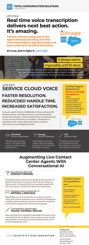 Real time voice transcription delivers next best action. It’s amazing. Vonage natively integrates in the agent desktop providing real time voice transcription and delivering next best action and workflow directives. It’s true. Don’t fight it. Let’s talk.